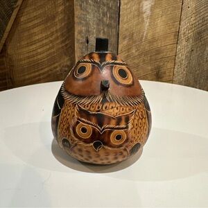 Dried Mate Gourd Hand Carved And Etched With Owl Design Container Box 4.5” X 4”
